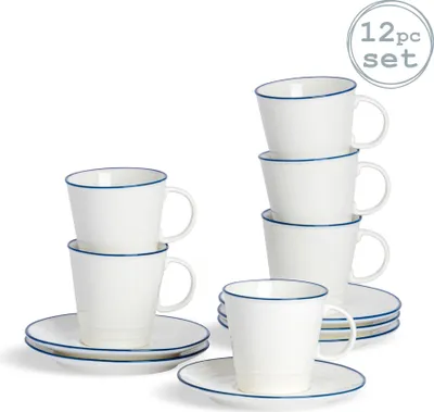 Produktbild von Nicola Spring 12 Stück Country Farmhouse Weiß Espresso Tasse und Untertasse Set mit Blue-Felgen - 90ml