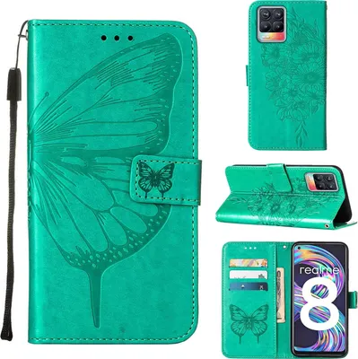 Produktbild von OPPO Realme 8 Hülle, Schmetterling Prägung Flip Leder Kartenfächer Schutzhülle Ledertasche mit Ständer für OPPO Realme 8 / Realme 8 Pro Grün