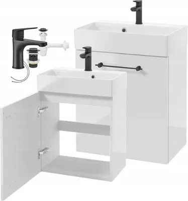 Immagine prodotto di Mobile bagno sospeso 60x50cm bianco lucido con miscelatore, sifone e chiusura ammortizzata