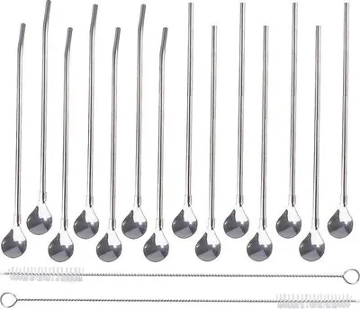Produktbild von Famanu Edelstahlstrohhalme und Löffel Set - 14 Stück wiederverwendbar