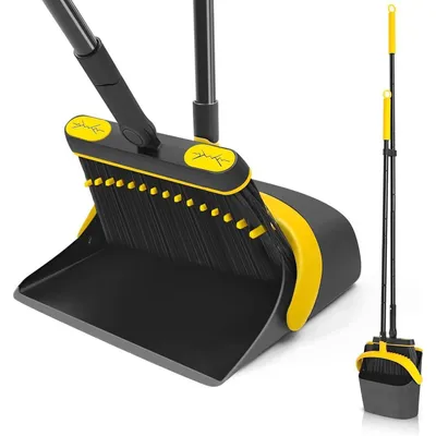 Image de JEHONN Balai Pelle Set Manche long 138 cm Rotation 180 degrés Camping Balayette Intérieur Pelle Auvent Maison Bureau Terrasse Noir Jaune