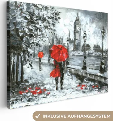 Produktbild von MuchoWow® - Leinwandbilder - Gemälde - Regenschirm - Öl, Wandbild, Wanddeko Bilder Wohnzimmer, 80x60 cm