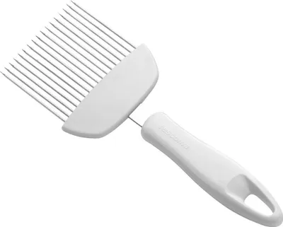 A white onion holder with silver prongs against a white background.