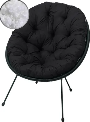 A black round cushion with tufting, placed on a dark metal frame with three legs. A small inset circle shows a close-up of white filling material.