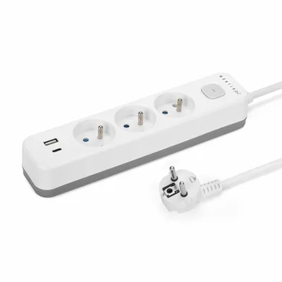 Obrázok produktu pre Predlžovací kábel s 3 zásuvkami, 2x USB typu C, 5 m, vypínač, uzemnenie, 2300 W, IP20