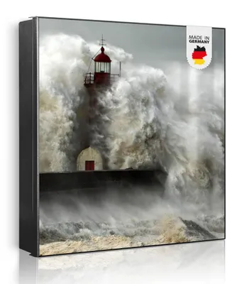 Zdjęcie produktu dla banjado metalowa szafka na klucze, duża 30x30 cm z 32 haczykami, może służyć jako tablica magnetyczna, czarny korpus, zawias po prawej stronie, Fels In Der Brandung [SKG1 10976]