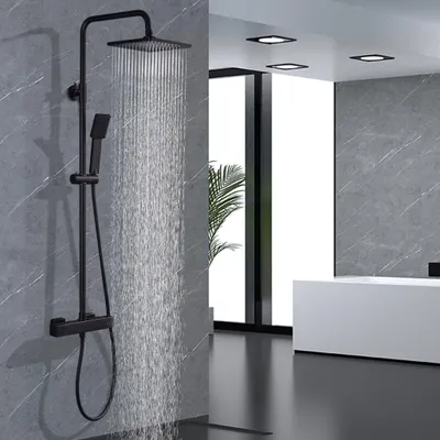 Zdjęcie produktu dla Homelody System prysznicowy z termostatem 38°C Kwadratowa kolumna prysznicowa Armatura prysznicowa Czarna Deszczownica Zestaw prysznicowy Regulowany reling prysznicowy, stal nierdzewna