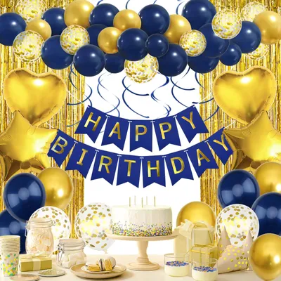 Image de Kit de décoration pour fêtes - Avec guirlande, ballons et rideaux - Pour célébrations d'anniversaire - Bleu et or