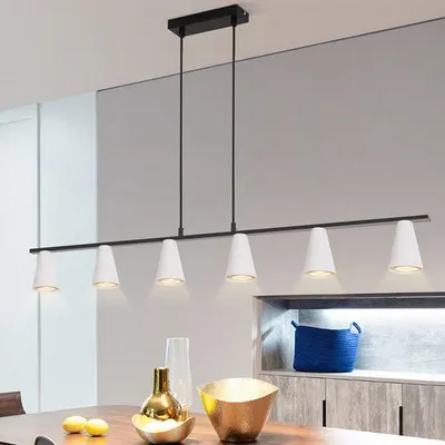 Image de Suspension ZMH, 6 lumières, design moderne, 110 cm, idéale pour une salle à manger, éclairage linéaire, douille GU10, métal, lampe de salle à manger suspendue, hauteur réglable, lampe de bureau, salon, blanc