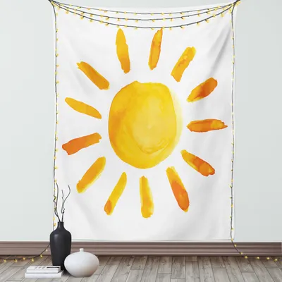 Immagine prodotto di ABAKUHAUS Arazzo grunge,  Sun Immagine Childish Acquerello Pennello Stile pittorico Bambini Camera dei bambini Sala giochi Immagine, Soggiorno Camera da letto Tessuto da parete in raso setoso, 150 x 200 cm, Giallo
