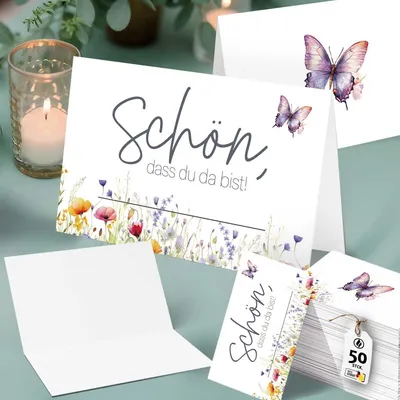 Produktbild von 50 Tischkarten 'Schön, dass du da bist', Floral Butterfly Wildblumen Hochzeit