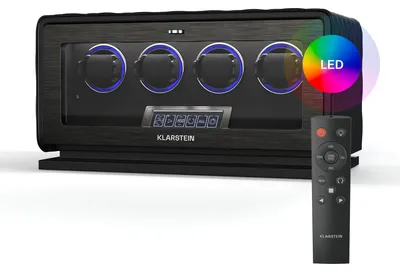 Produktbild von Klarstein LuminousTime Uhrenbeweger 4 Uhren – Automatik-Uhrenbeweger mit Flüsterleisem Japanischem Motor, LCD-Touchpanel & Fernbedienung, 20 TPD-Einstellungen, RGB & LED-Beleuchtung,