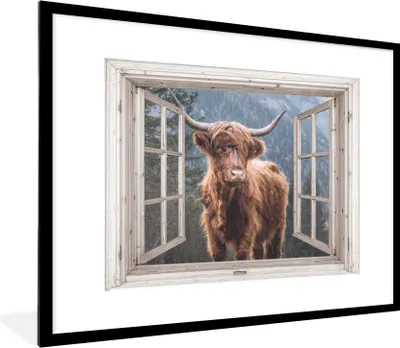 Produktbild von MuchoWow® Gerahmtes Poster Schottischer Highlander - Berg - Kuh - Aussicht 80x60 cm - Poster mit Schwarzem Bilderrahmen Wandposter Rahmen Foto Bilder - Schlafzimmer-Dekorationen - Fotoposter
