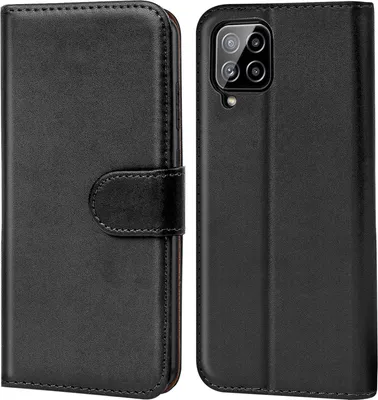 A black flip case for a smartphone is shown from the front and back.
