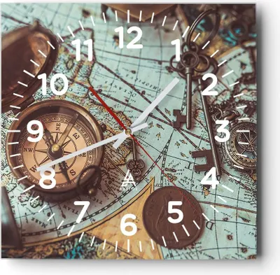 Produktbild von Wanduhr - Quadrat - Glasuhr - Kompass Vintage Karte - 40x40cm - Schleichendes Uhrwerk - Lautlos - zum Aufhängen bereit - Dekoration Modern - Wanddekoration aus Glas - C4AC40x40-4302