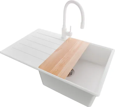 Produktbild von PRIMAGRAN Granitspüle Weiß 78x50cm, Spülbecken 1 Becken + Küchenarmatur 38x14cm + Ablauf-Set + Schneidebrett, Küchenspüle ab 50er Unterschrank - Kopenhagen
