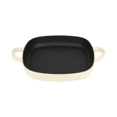 A top-down view of a square grill pan with two handles, set against a white background.