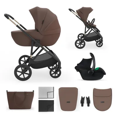 Produktbild von Kinderkraft PRIME 3 Kinderwagen 3-in-1 mit Babyschale MINK PRO 2, leicht faltbar große Räder, 8/12 Einhand-Faltung Travel System, Braun