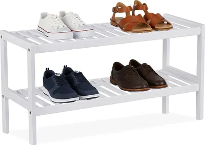 Produktbild von Relaxdays Schuhregal, HxBxT: 33 x 70 x 26 cm, Bambus, 2 Ebenen, für 6 Paar Schuhe, Schuhständer mit Gitterablagen, weiß