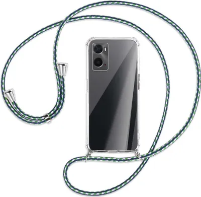Produktbild von Handykette Backcover-Schutzhülle mit Band (Metall silberfarben) für Oppo A76 - grün/blau/weiß