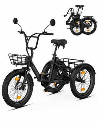 Produktbild von 20" Fat Tire E-Bike Dreirad Klappbar, Elektro Lastenfahrrad Erwachsene, 36V 10.4Ah, 250W Motor, Differential, 286kg Zuladung, Doppelkorb, Schwarz