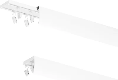 Produktbild von MDEKOR Aluminium-Vorhangschiene 350 cm, Deckenmontage, 2-seitig, inkl. Metallhalterungen, Klammern/Clips & selbstklebende weiße Blende, LED-tauglich