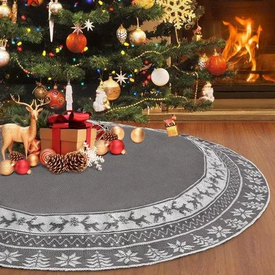 Productafbeelding van Kerstboomrok 90 cm Geweven Kerstboomdeken Rond met Hert en Sneeuwvlokken voor Feestelijke Decoratie in Grijs