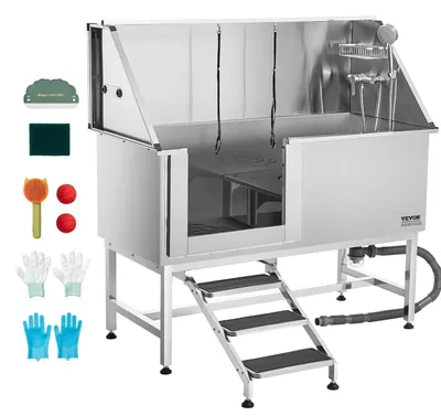 Produktbild von VEVOR Edelstahl Hundewaschstation, 157,48 cm Haustierpflegebadewanne mit Rampe, PE-Wasserfilterplatte, Wasserhahn & Duschkopf & Seifenhalter Hundebadewanne für große, mittlere & kleine Haustiere (Linke Tür), Mit Treppen-a, Linke Türöffnung-a