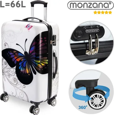 A collage of images showing a suitcase, its lock, and its wheels.