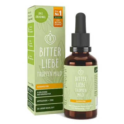 Produktbild von Bitterliebe Tropfen mild, Flüssigkeit, Tropfflasche, 50 ml, Erwachsener, Deutschland, Glycerin; -Apfelessig; Wasser; Extrakt aus getrockneten Pflanzen und Kräutern...