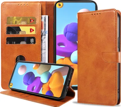 Image de Etui pour téléphone Samsung Galaxy A21s Faux cuir avec lèvre magnétique et porte-cartes Etui à rabat - Marron - Smartphonics