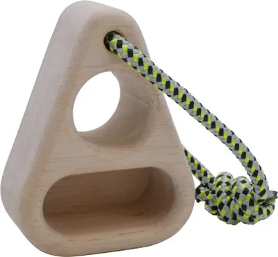 Holzgriff "Duo" von YY Vertical; dreieckige Form mit einer Öffnung und einer Schlaufe aus grün-gelbem Seil.