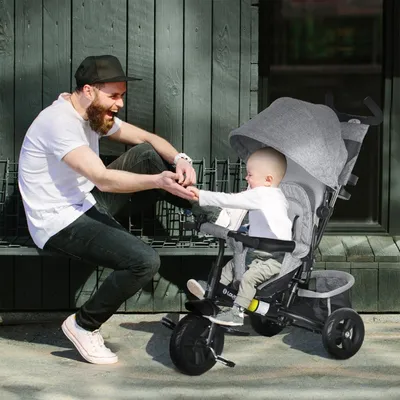 Produktbild von Kinderdreirad 6 in 1 mit Schubstange Rückenkorb Becherhalter und Sonnendach Dreirad Kinderwagen Kinderfahrrad für 1-5 Jahre Kinder Grau