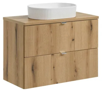 Productafbeelding van Ensemble VANO eikenlook 80cm: onderkast met lades + blad voor wastafel + geribbelde witte opzetwastafel