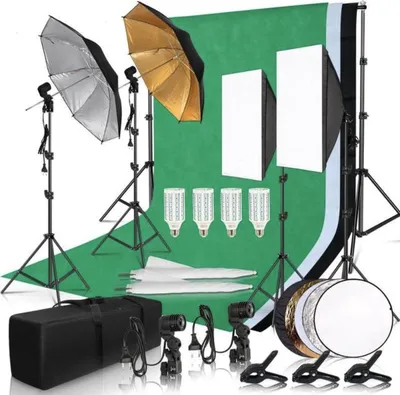 Produktbild von Fotostudio Set – Mit Softboxen, Greenscreen und Reflektoren – Professionell und Tragbar