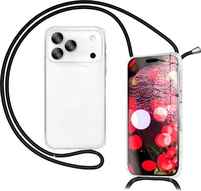 Obrázok produktu pre Puzdro "Hangit" pre iPhone 17 Pro - Priehľadné ochranné puzdro s popruhom na zavesenie, 160 cm nastaviteľná retiazka pre mobilný telefón - Midnight Black