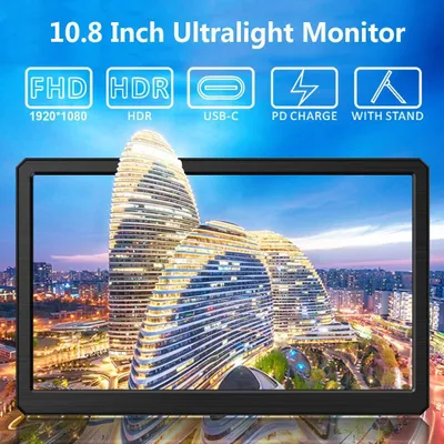 Immagine prodotto di Monitor portatile da 10,8 pollici, con schermo FHD a 1920 x 1080, dotato di connessioni HDMI/USB-C, ideale come display portatile per laptop, mini-PC, PC, Mac o console di gioco