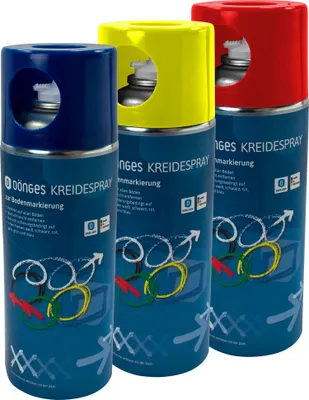 Three cans of spray paint in blue, yellow, and red, arranged diagonally.