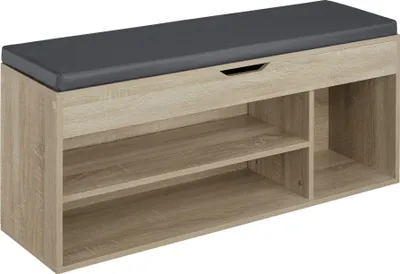 A shoe bench with storage shelves and a padded seat.