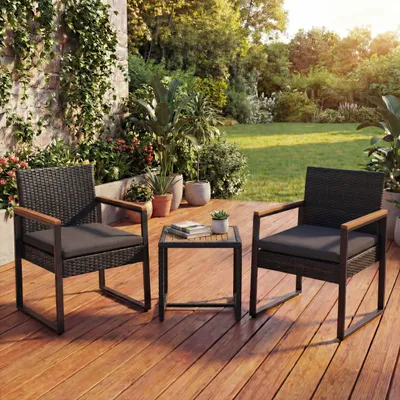 Produktbild von Poly-Rattan Garnitur HWC-P74, Lounge-Set Garten 2x Stuhl Tisch, Akazie Holz Stoff 180g/m²  schwarz, Polster grau