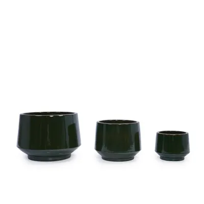 Produktbild von 3-teiliges handgemachtes Keramikpflanztopf-Set (Ø 38,1/28/22,9 cm), dunkelgrüne Glasur, musterlos, ideal für Fensterblatt/Geigenfeige, Innen/Außen