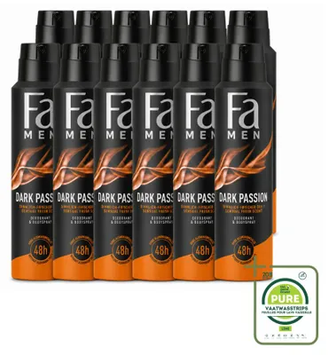 Imagen del producto de 12 unidades de aerosol desodorante Fa Men, fragancia Dark Passion, 150 ml. Paquete grande