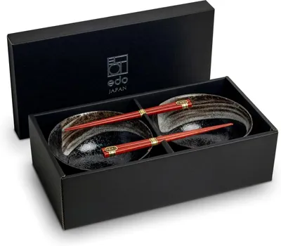 Produktbild von Udon Schüssel Set 17 cm, 2 Personen, Porzellan, schwarz, für Ramen