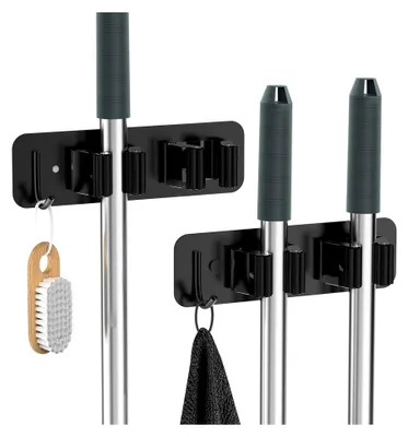 Produktbild von Wandbesenhalterung 2 Stück Selbstklebend Edelstahl Gerätehalter Ohne Bohren mit Haken und 2 Haltern für Küche Badezimmer Garten Balkon
