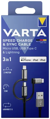Image de Varta 57937 101 111 Câble Speed Charge & Sync 3in1 USB , 2 m, noir