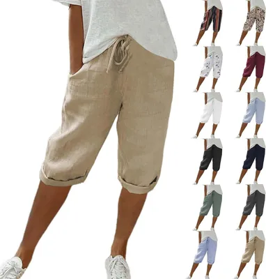 Produktbild von Damen Leinen-Shorts Sommer Knielang mit Kordelzug, Luftig und Bequem, Hohe Taille, Casual Strandhose