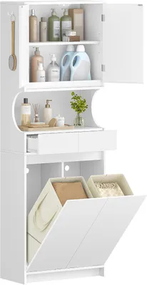 Produktbild von Badezimmerschrank Hochschrank mit Wäschekörben, Wäscheschrank mit 2 Wäschekörbe, Verstellbare Einlegeböden, 2 Schubladen, für Badezimmer, Wäscheraum, Weiß, 30 x 60 x 174 cm BC46003X