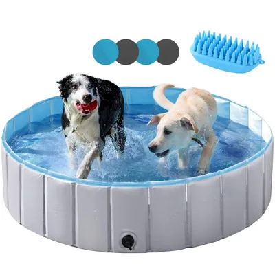 Produktbild von Yaheetech Faltbare Hundepool ⌀120 cm, Planschbecken für Hunde, mit Badebürste & 4 Flicken, Anti-Rutsch Hundebadewanne aus PVC, Grau