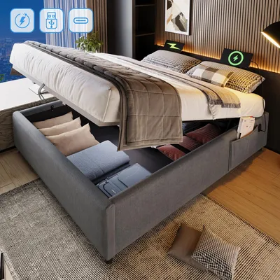Productafbeelding van Gestoffeerd bed - 140 x 200 cm, grijs, linnen en massief hout, USB- en USB-C-poorten, hydraulische opbergruimte