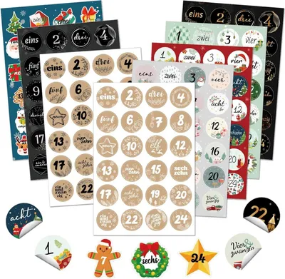 Produktbild von DPKOW Weihnachten Adventskalender Aufkleber 2024 Zahlen Sticker 1-24 Nummern bunt